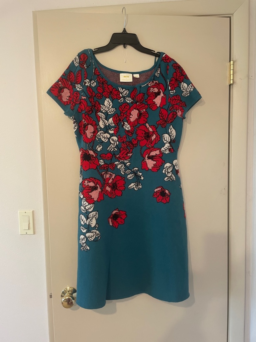 Anthropologie Teal Knit Dress with Red and White Intarsia Print